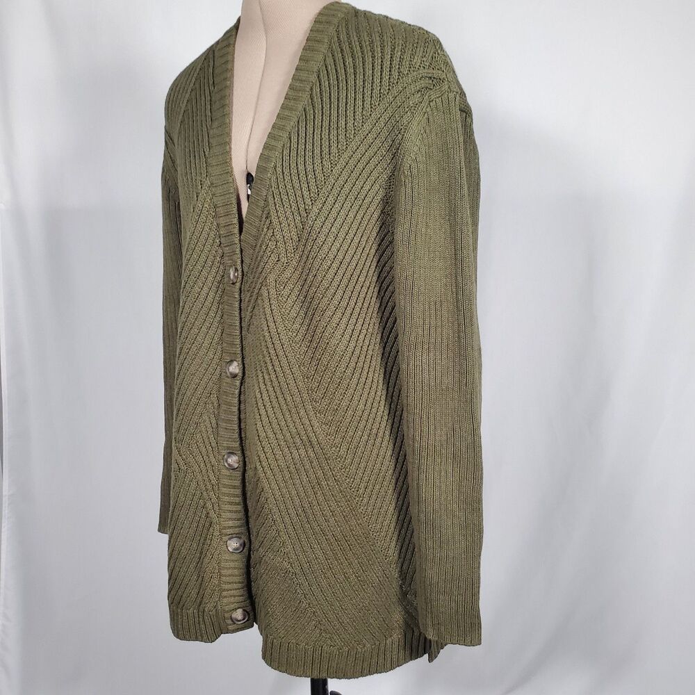 Cabi Women's Cardigan Sweater Medium Green Cotton Chunky Knit Button-Up Classic